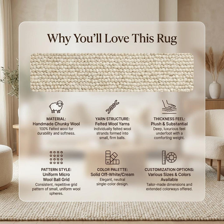 Translation missing: es.Chunky Wool Rug – Handwoven Cream Neutral Area Rug, Thick Textured Loop Pile Carpet, Modern Farmhouse Scandinavian Living Room Bedroom Decor