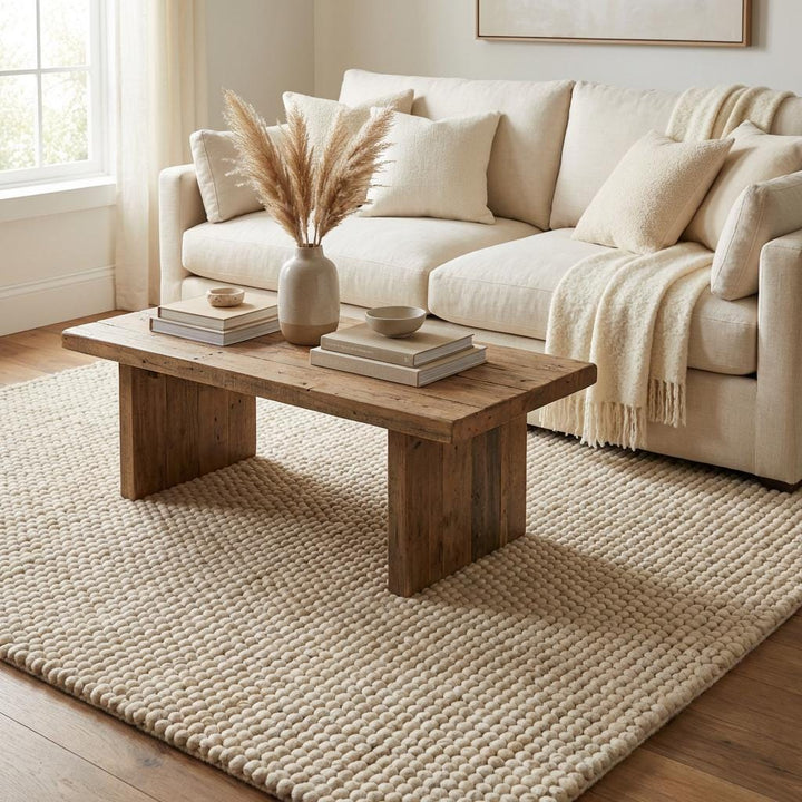 Translation missing: es.Thick textured wool rug in ivory beige shade, cozy farmhouse carpet perfect for bedroom, nursery, or living room styling