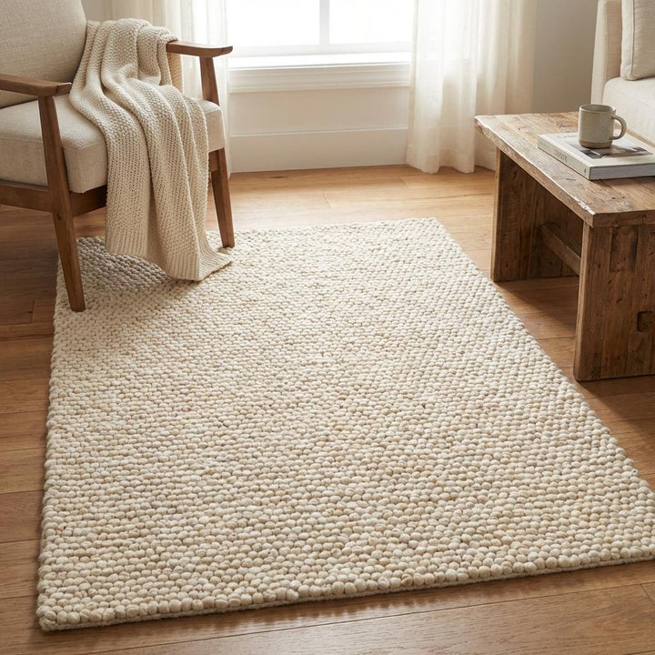 Translation missing: es.Neutral chunky loop wool rug close-up showing plush bobble texture, ideal for organic modern and hygge home decor