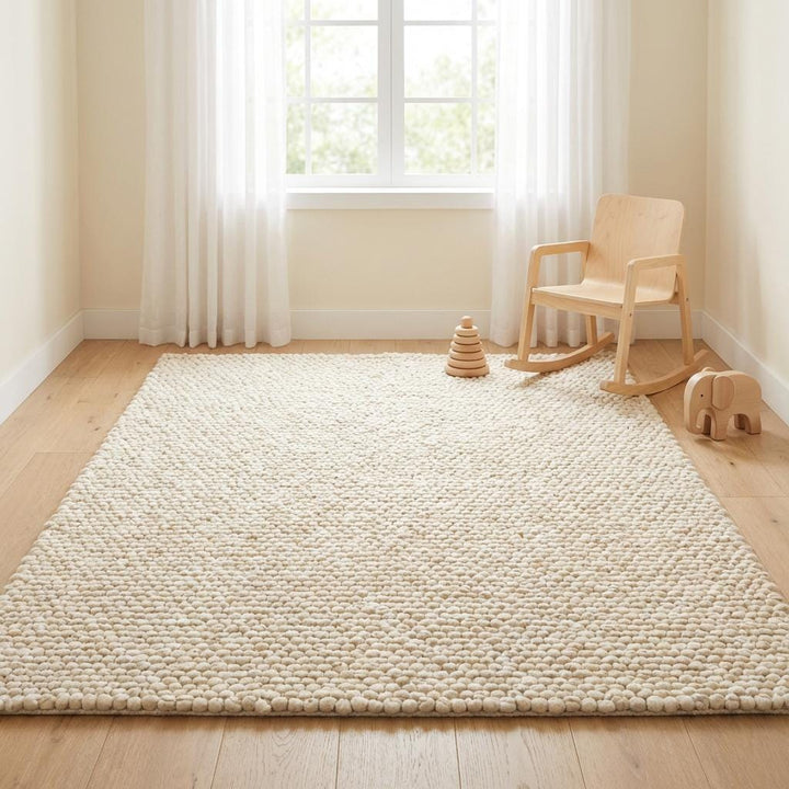 Translation missing: es.Scandinavian style chunky wool carpet in ivory tone with thick woven loops for cozy minimalist living room design