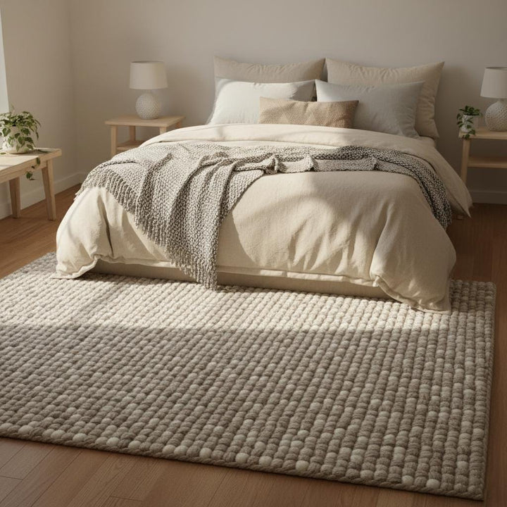 Translation missing: es.Neutral handmade wool rug with thick cozy fibers perfect for Scandinavian or boho home décor