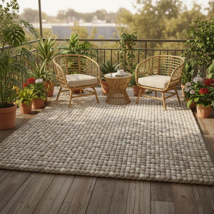 Translation missing: es.Detail shot of plush chunky wool carpet highlighting cream and taupe felted wool loops