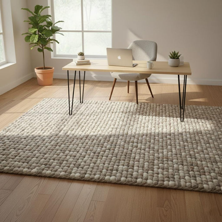 Translation missing: es.Chunky Wool Rug, Handwoven Felt Ball Wool Area Rug, Neutral Textured Rug for Living Room, Thick Cozy Floor Mat, Scandinavian Decor
