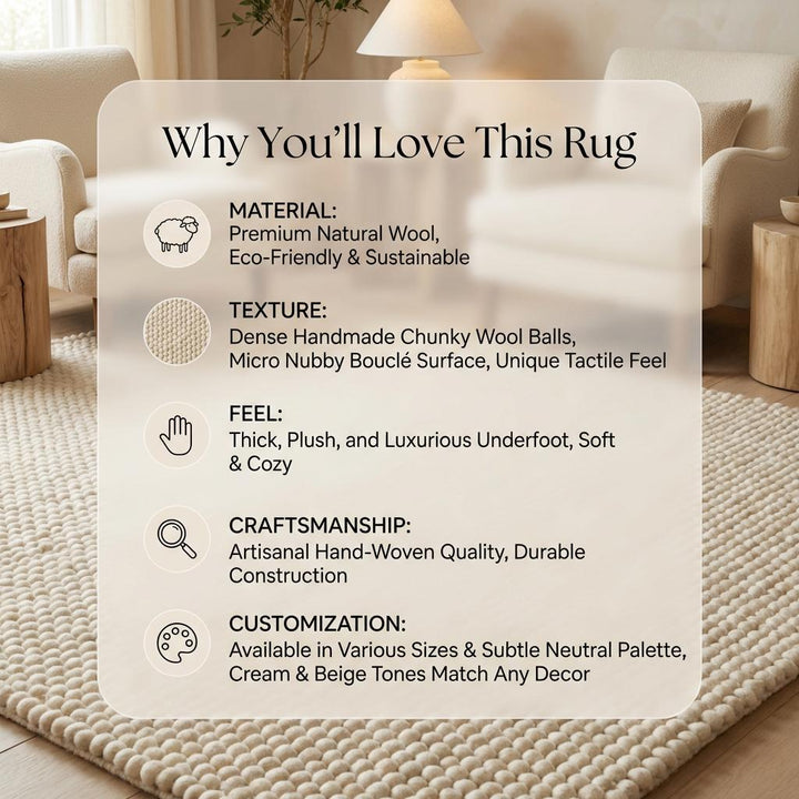 Translation missing: es.Chunky Wool Rug, Handwoven Pebble Texture Area Rug, Neutral Cream Carpet, Modern Boho Minimalist Decor, Thick Cozy Living Room Floor Rug