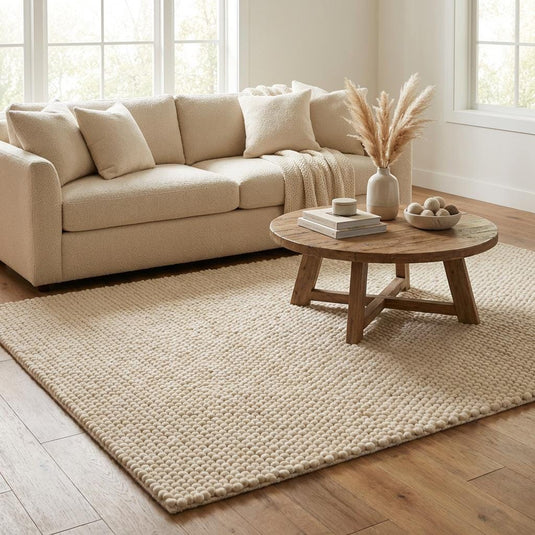 Translation missing: es.Handwoven neutral wool carpet with chunky loop texture, perfect cozy accent rug for bedroom or living room space