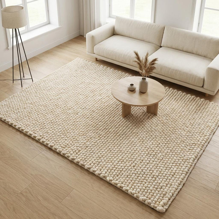 Translation missing: es.Luxury minimalist wool rug in soft ivory tone with raised pebble texture detail for modern home interiors