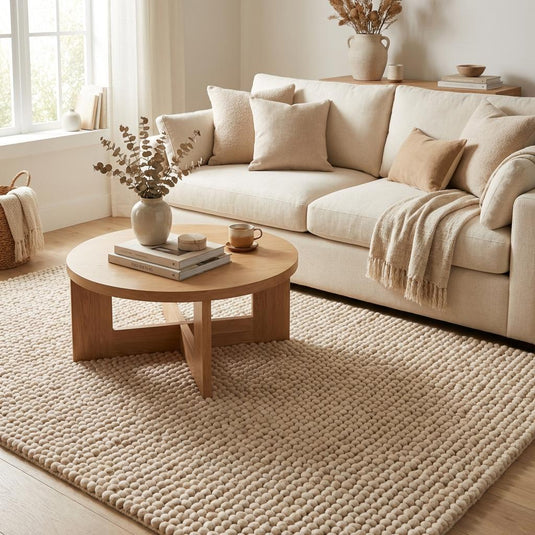 Translation missing: es.Beige textured wool area rug thick woven design perfect for minimalist and boho interiors