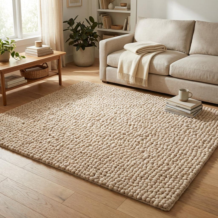 Translation missing: es.Neutral chunky wool carpet placed near sofa adding warmth and softness to living space
