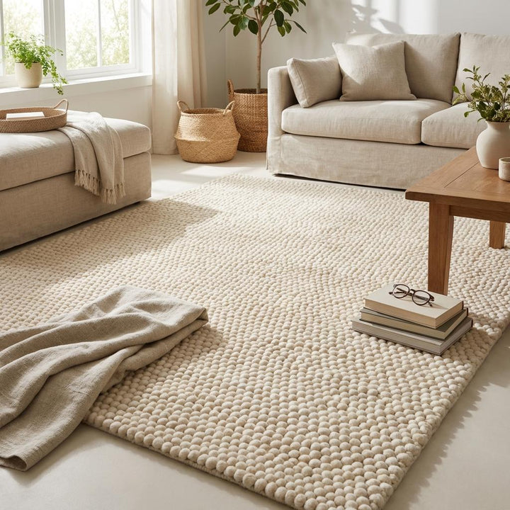 Translation missing: es.Chunky Wool Rug Neutral Textured Area Rug Handmade Loop Pile Carpet Cozy Minimalist Living Room Decor