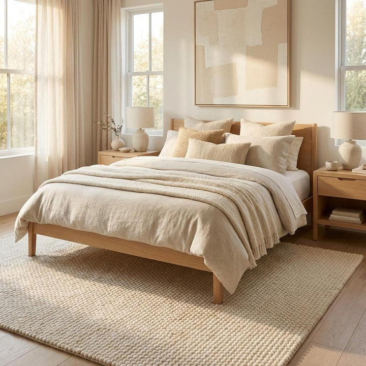 Translation missing: es.Neutral textured rug with looped wool design adding warmth and depth to minimalist home decor