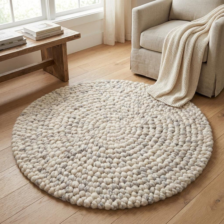 Translation missing: es.Chunky Wool Rug Round, Handmade Pebble Wool Rug, Thick Neutral Scandinavian Area Rug, Cozy Nursery Decor