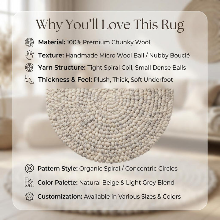 Translation missing: es.Chunky Wool Rug Round, Handmade Pebble Wool Rug, Thick Neutral Scandinavian Area Rug, Cozy Nursery Decor