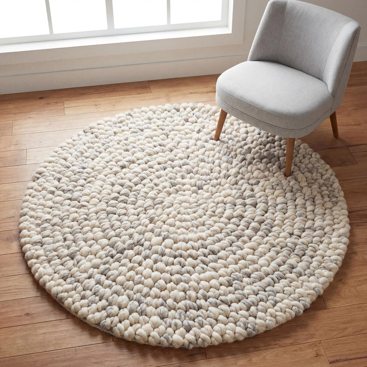 Translation missing: es.Round chunky wool rug with thick pebble texture in neutral tones for Scandinavian decor