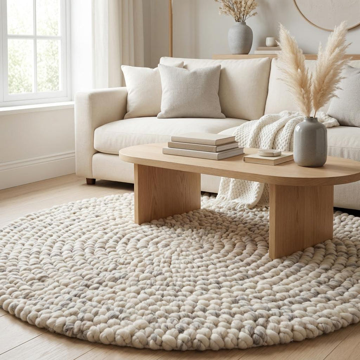 Translation missing: es.Modern chunky knit wool rug with textured pebble design, neutral round wool rug ideal for nursery, bedroom, or cozy reading corner