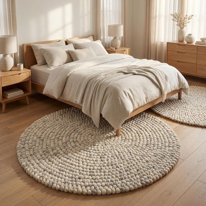 Translation missing: es.Thick handmade wool area rug with chunky loop texture, Scandinavian neutral round rug for minimalist interior styling