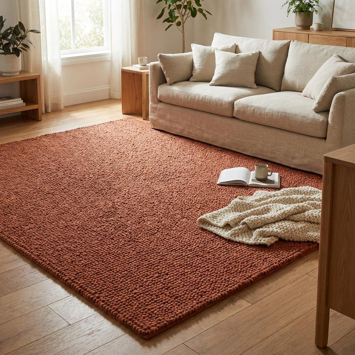 Translation missing: es.Chunky Wool Rug in Warm Rust Tone – Plush Textured Cozy Area Rug for Living Room or Bedroom