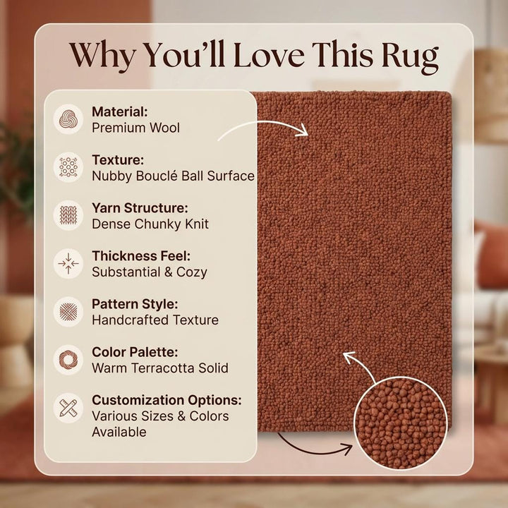 Translation missing: es.Chunky Wool Rug in Warm Rust Tone – Plush Textured Cozy Area Rug for Living Room or Bedroom