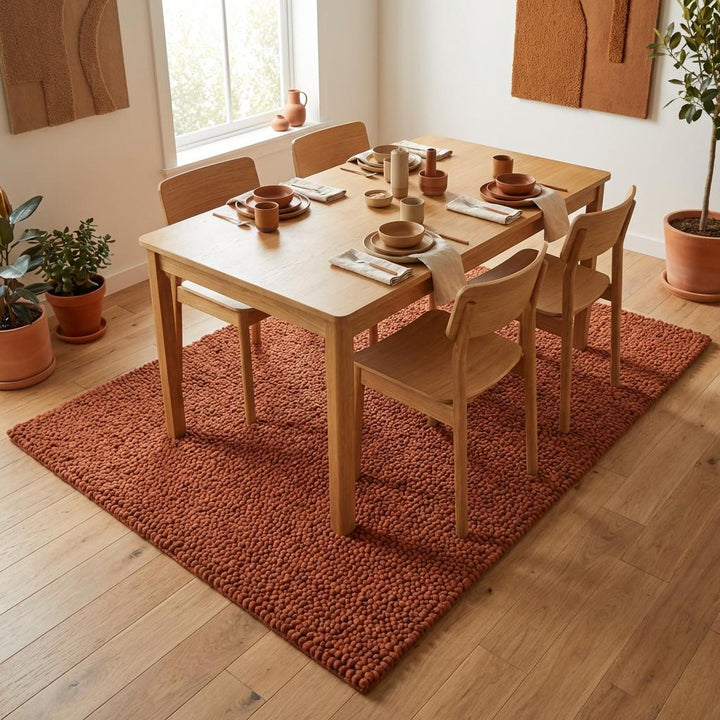 Translation missing: es.Textured rust rug styled for a warm, cozy bedroom atmosphere