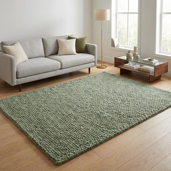 Translation missing: fr.Chunky wool textured area rug in sage green with thick looped design and soft cushioned feel