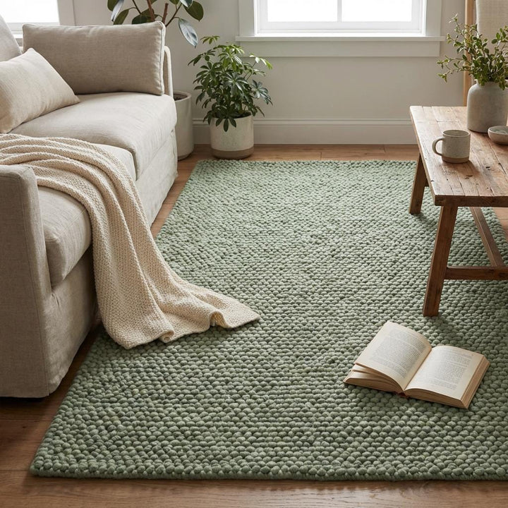 Translation missing: fr.Chunky wool textured area rug in sage green with thick, cozy looped surface for modern organic interiors
