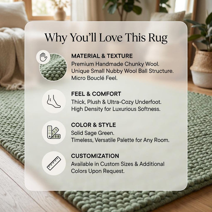 Translation missing: fr.Chunky wool textured sage green area rug with thick looped texture and cozy cushioned feel