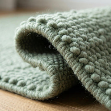 Translation missing: fr.Chunky wool textured sage green area rug with thick looped pile and soft cushioned feel