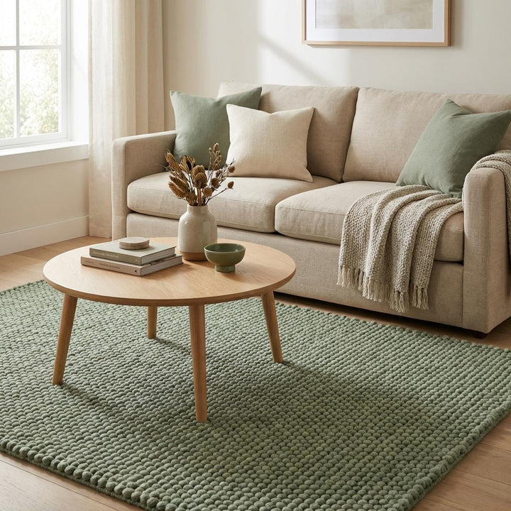 Translation missing: fr.Chunky wool textured area rug in sage green with thick, looped cozy surface for modern organic interiors