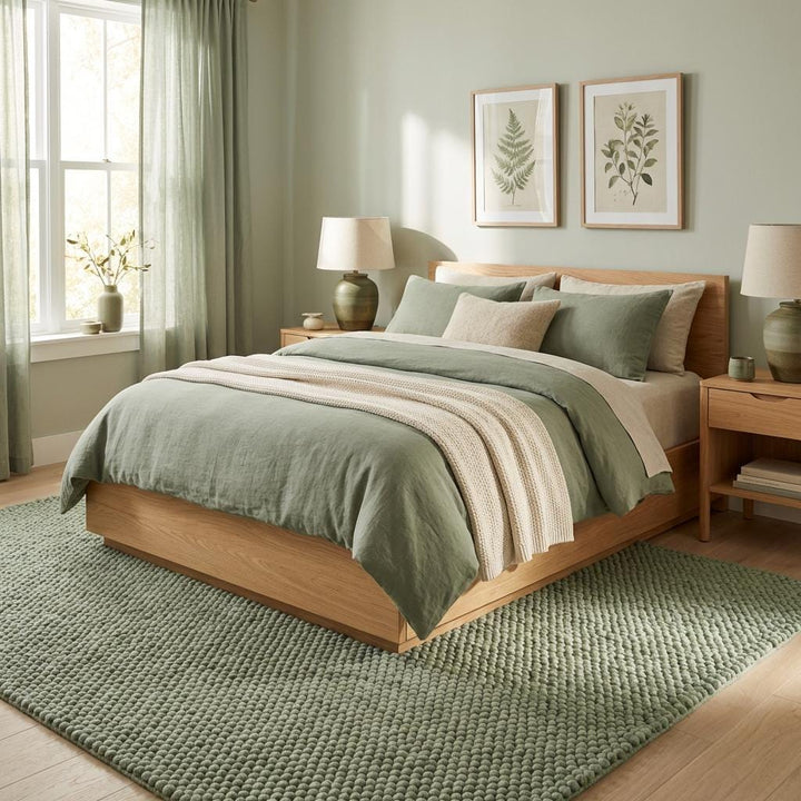 Translation missing: fr.Chunky wool textured area rug in sage green with thick, cozy looped design for modern organic interiors