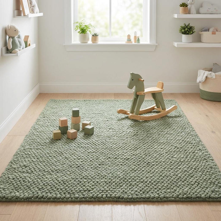 Translation missing: fr.Chunky wool textured area rug in sage green with thick looped texture and soft cushioned feel