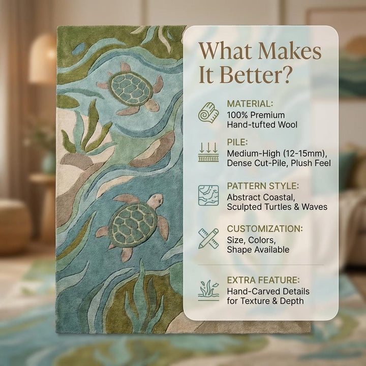 Translation missing: es.Coastal Sea Turtle Rug, Ocean Themed Area Rug, Beach House Decor, Kids Room Carpet