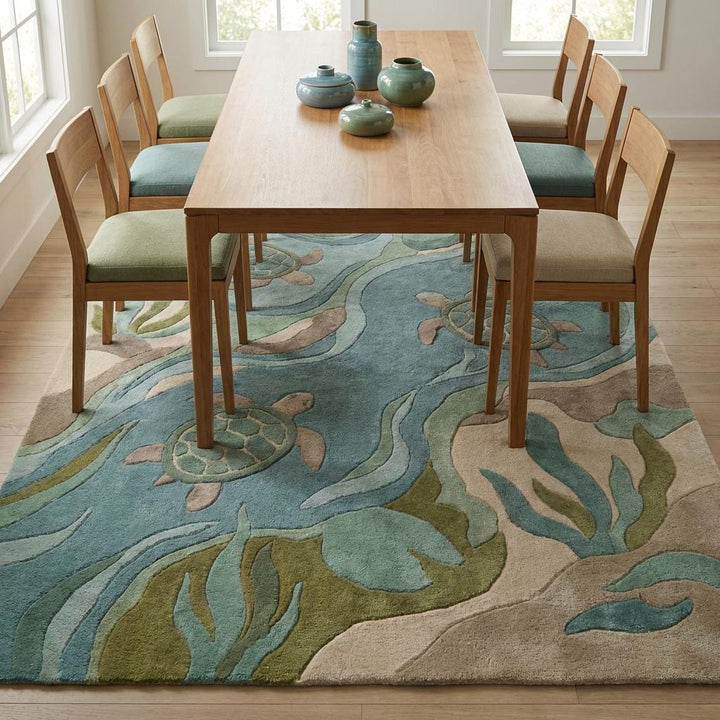 Translation missing: es.Coastal Sea Turtle Rug, Ocean Themed Area Rug, Beach House Decor, Kids Room Carpet