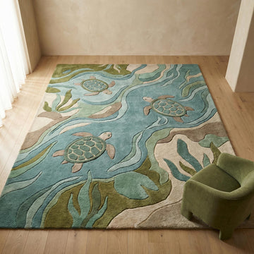 Translation missing: fr.Coastal sea turtle rug with ocean design and plush texture for beach house decor and kids room carpet