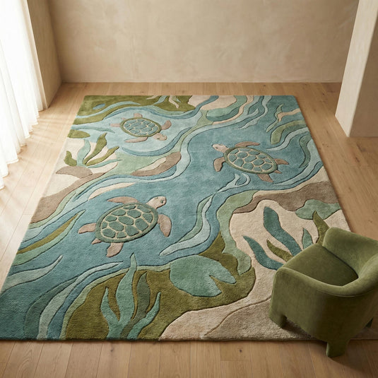 Translation missing: es.Coastal sea turtle rug with ocean design and plush texture for beach house decor and kids room carpet