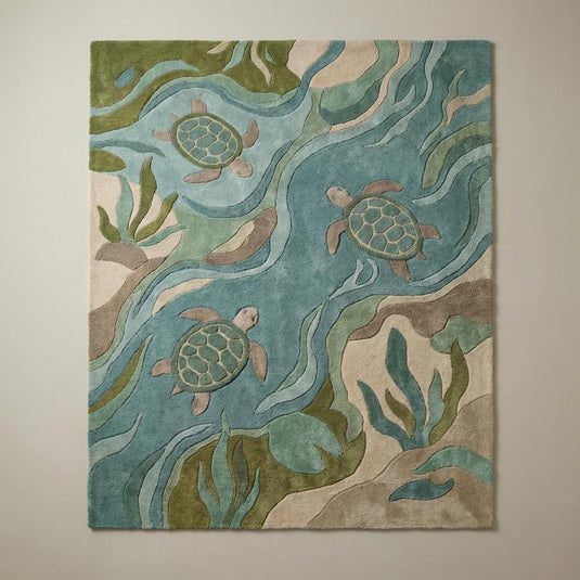 Translation missing: es.Close-up of tufted sea turtle rug texture showing plush pile, carved pattern detail, soft fiber surface, ocean themed area rug craftsmanship