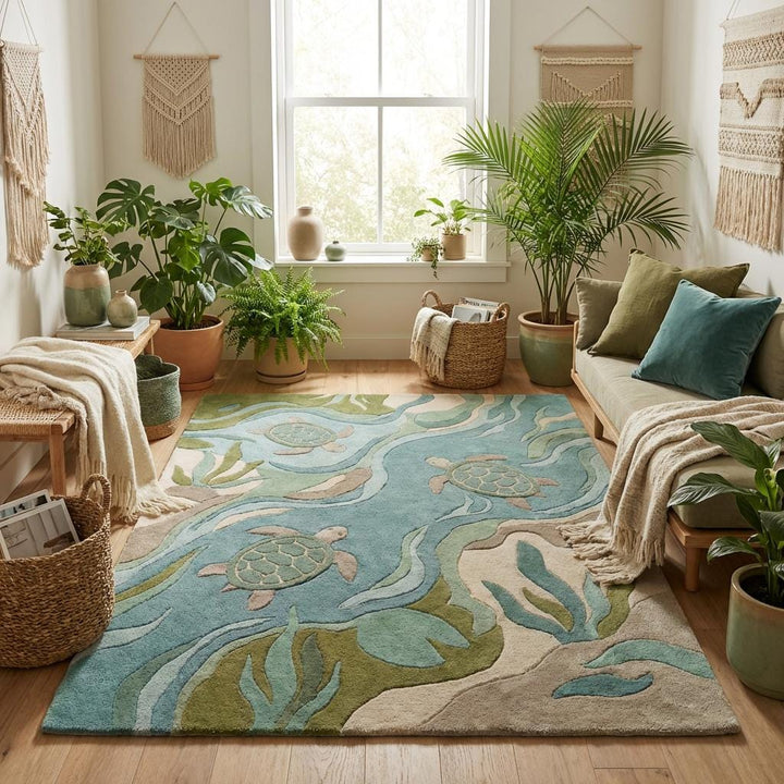 Translation missing: es.Ocean themed turtle rug placed in modern living room, coastal decor floor piece adding calm beach house style and soft underfoot comfort