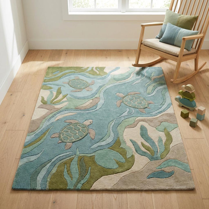 Translation missing: es.Soft coastal sea turtle rug in nursery room, ocean theme kids carpet creating calming, playful marine-inspired space for children