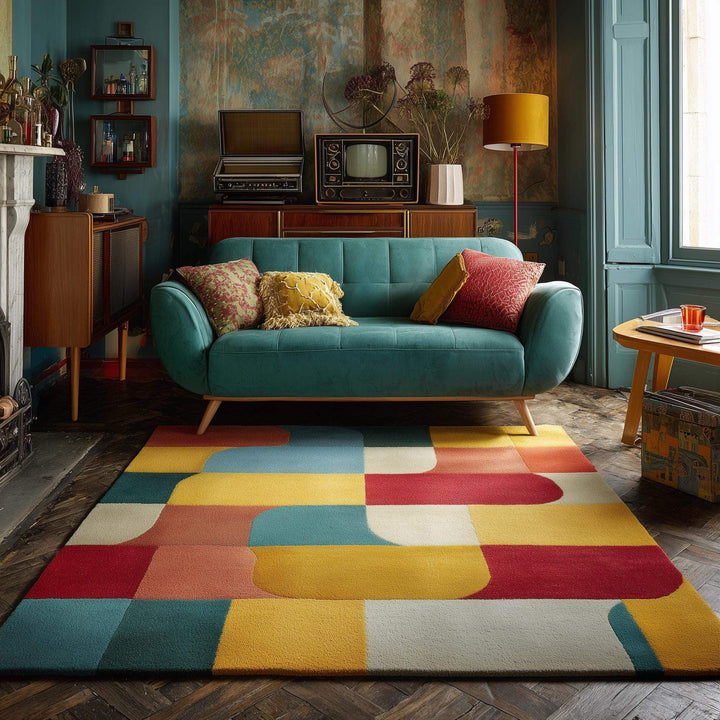 Translation missing: en.Colorful geometric area rug with modern block design in red, yellow, blue, and cream tones