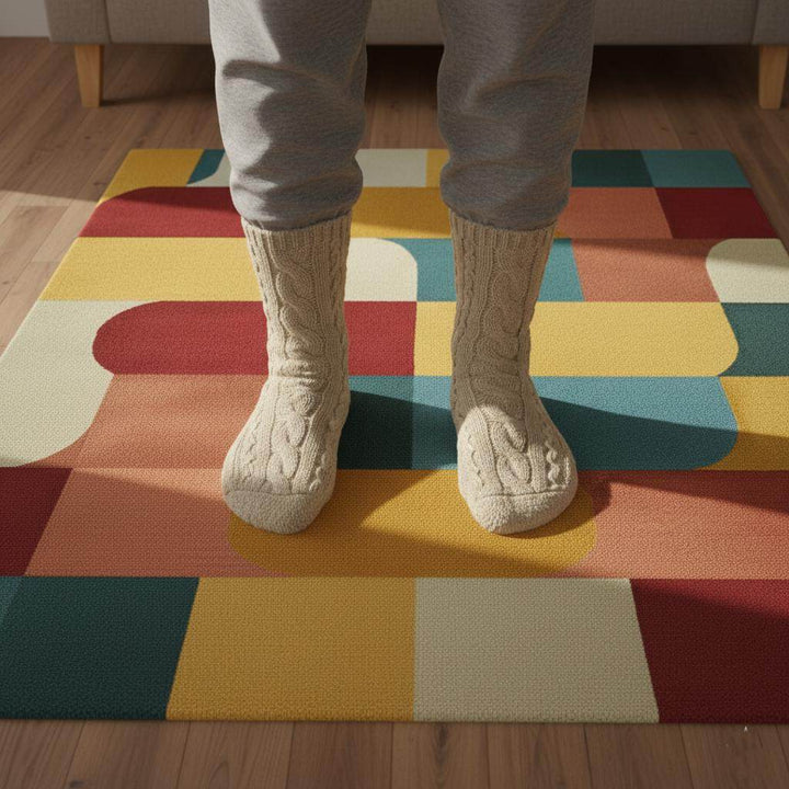 Translation missing: en.Colorful Geometric Area Rug – Red, Yellow, Blue &amp; Cream Retro Modern Block Pattern Carpet Teppich