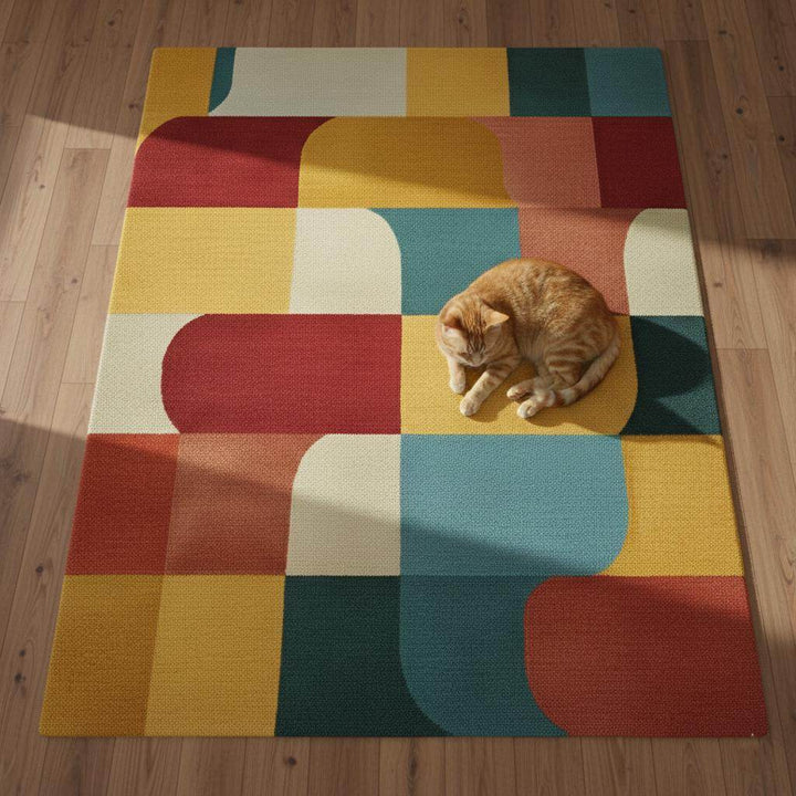 Translation missing: en.Colorful Geometric Area Rug – Red, Yellow, Blue &amp; Cream Retro Modern Block Pattern Carpet Teppich