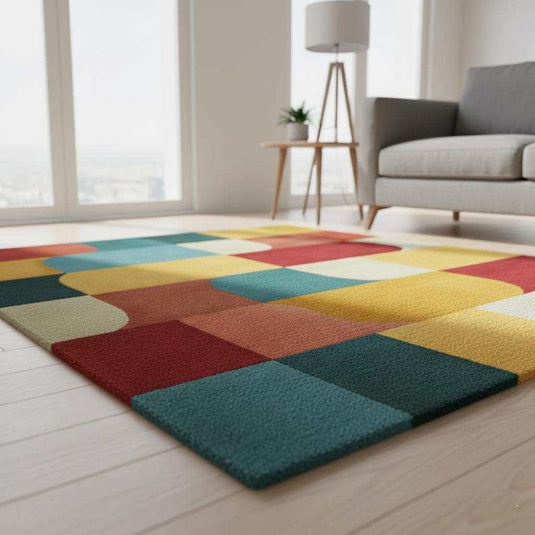 Translation missing: es.Colorful Geometric Area Rug – Red, Yellow, Blue &amp; Cream Retro Modern Block Pattern Carpet Teppich