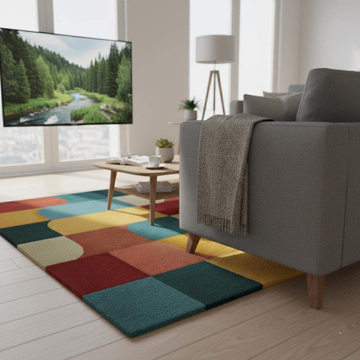 Translation missing: en.Colorful Geometric Area Rug – Red, Yellow, Blue &amp; Cream Retro Modern Block Pattern Carpet Teppich