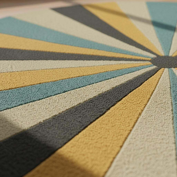 Translation missing: es.Round geometric rug with hand tufted starburst pattern in mustard, teal, and gray colors