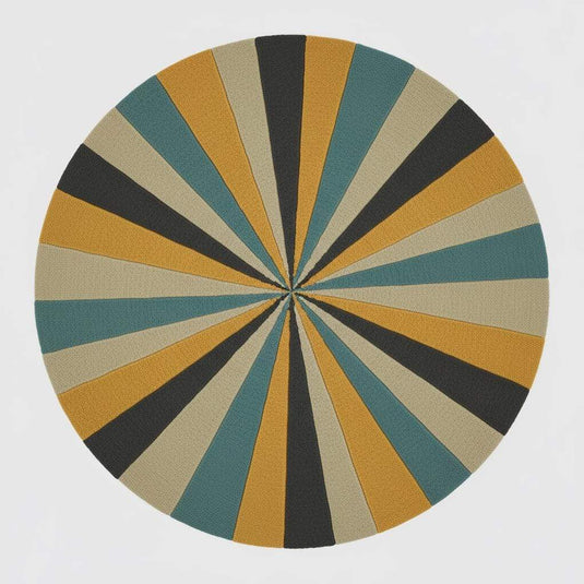 Translation missing: es.Round geometric rug with hand tufted starburst pattern in mustard and teal wool