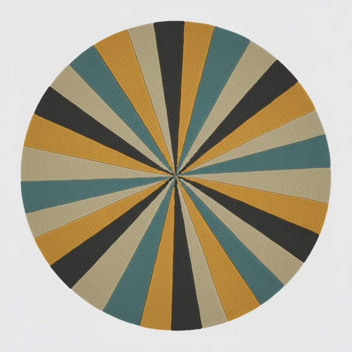 Translation missing: es.Round geometric rug with hand tufted starburst pattern in mustard and teal wool