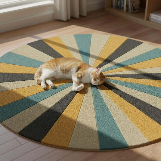 Translation missing: es.Hand tufted round geometric rug with starburst pattern in mustard yellow and teal, made from plush New Zealand wool
