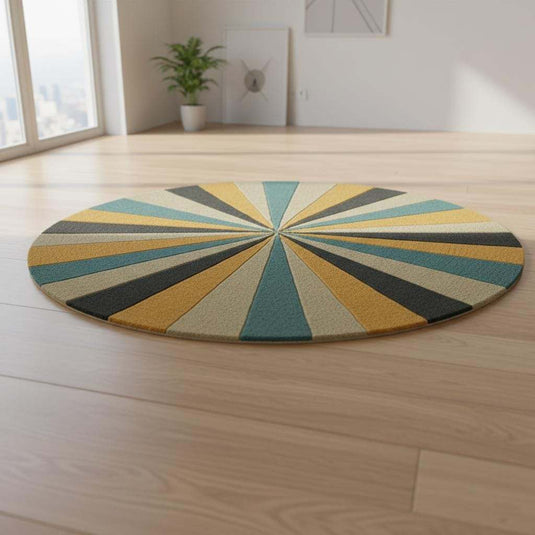 Translation missing: es.Round geometric rug with hand tufted starburst pattern in mustard, teal, and gray wool
