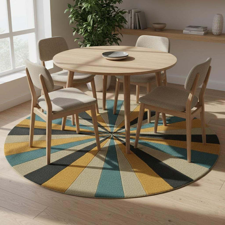Translation missing: es.Round geometric rug with hand tufted starburst pattern in mustard and teal colors