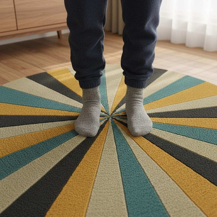 Translation missing: es.Round geometric rug with hand tufted starburst pattern in mustard, teal, charcoal, and beige on plush New Zealand wool