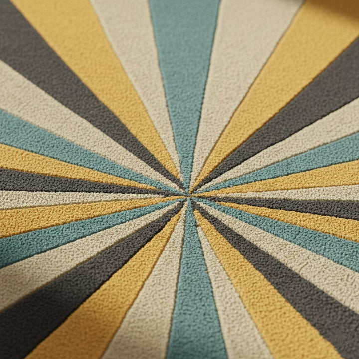 Translation missing: es.Hand tufted round geometric rug with starburst pattern in mustard, teal, and gray tones made of plush New Zealand wool