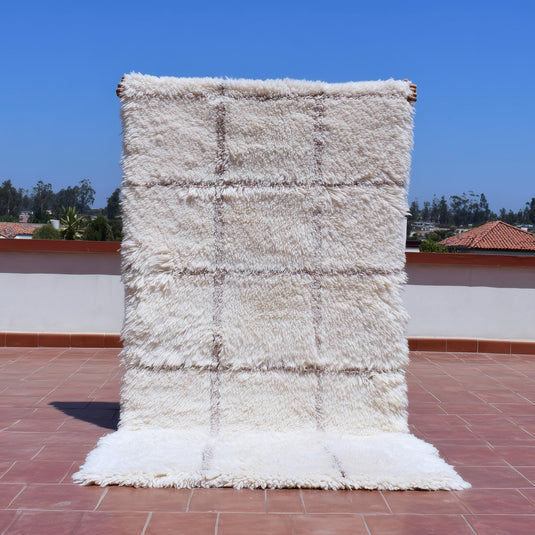 Translation missing: es.Cream Moroccan shag rug with handwoven Berber grid pattern and plush high pile for cozy boho home decor